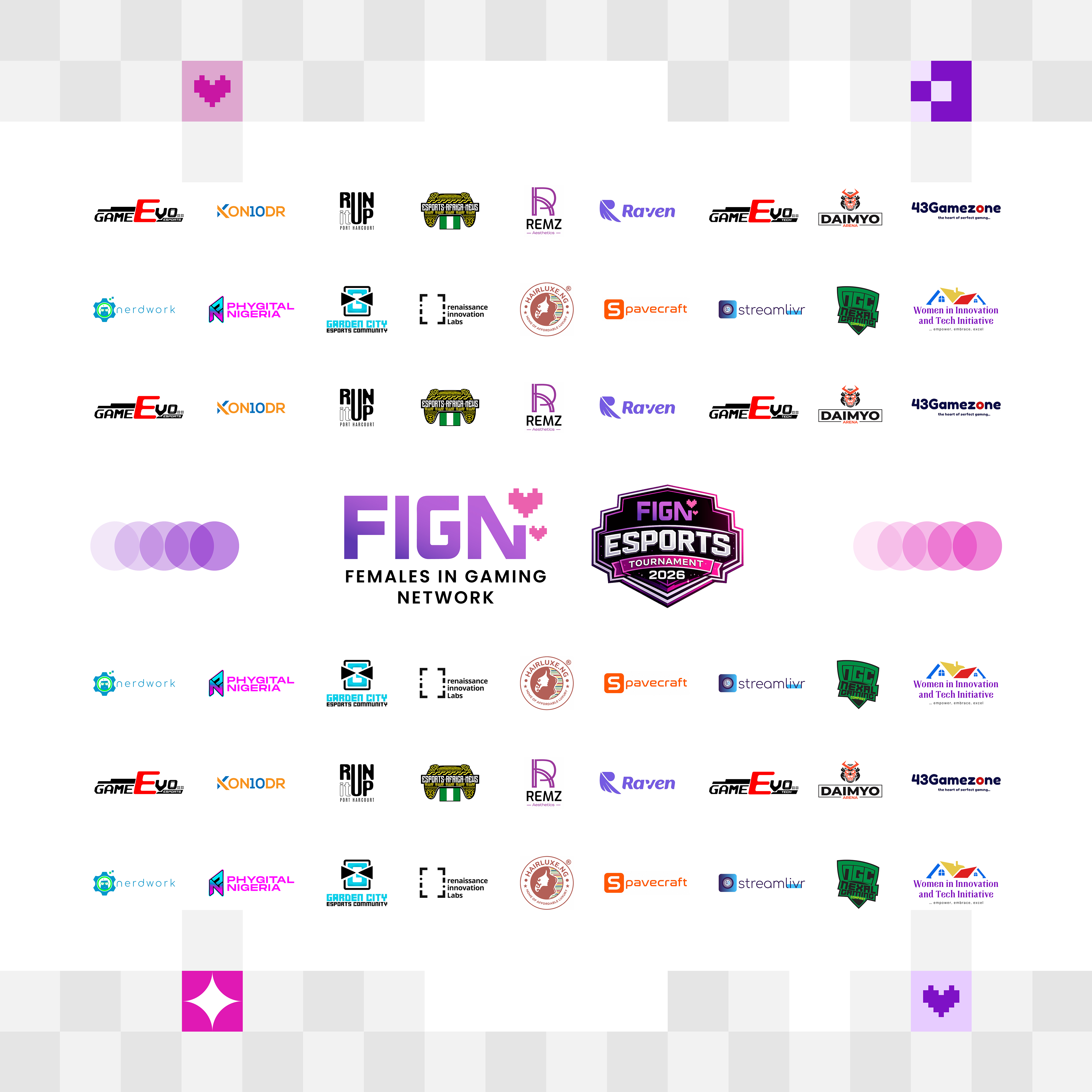 Partner wall for the FIGN Esports Tournament 2026: GameEvo Esports, Kon10dr, Run It Up Port Harcourt, Esports Africa News, REMZ Aesthetics, Raven, GameEvo Tech, Daimyo Arena, 43Gamezone, Nerdwork, Phygital Nigeria, Garden City Esports Community, Renaissance Innovation Labs, Hairluxe.NG, Spavecraft, Streamlivr, Nexal Gaming, and the Women in Innovation and Tech Initiative